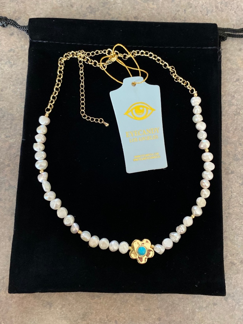 NWT Eyecandy freshwater pearl necklace with gold & turquoise flower pendant